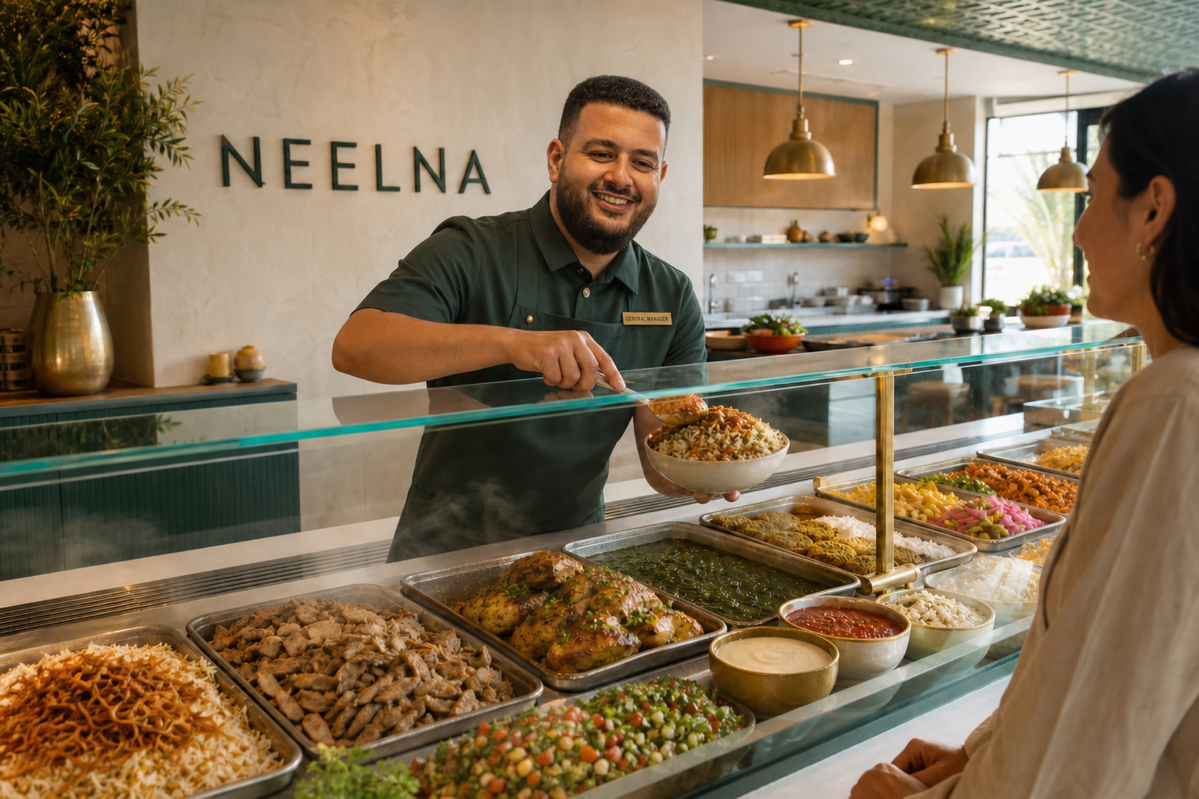 Concept rendering of Neelna’s general manager serving koshary from a modern Egyptian food counter
