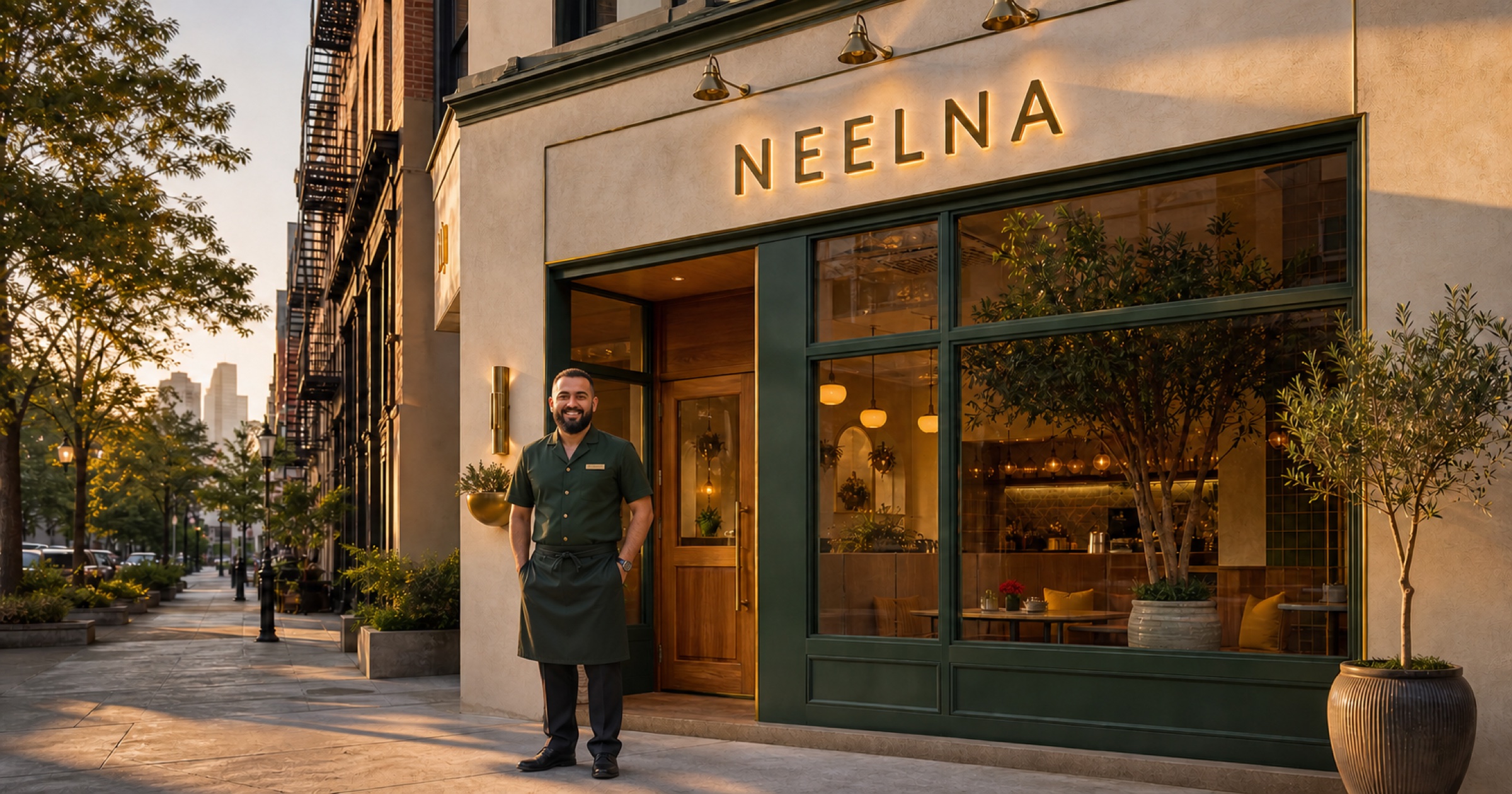 Concept rendering of Neelna’s general manager welcoming guests beside the restaurant entrance