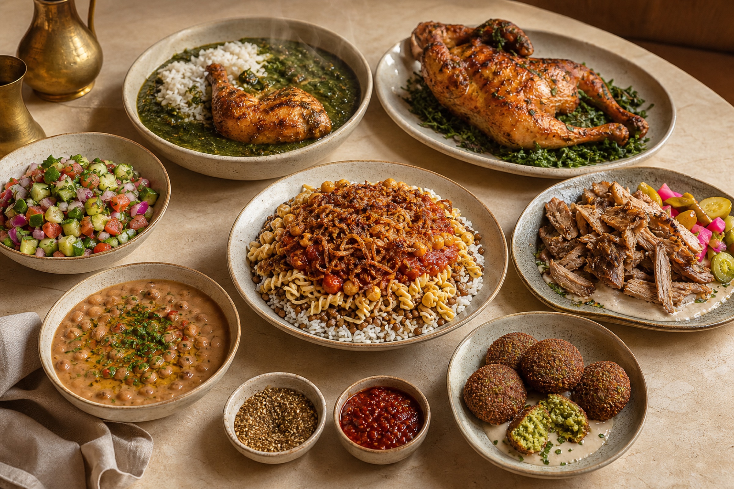 Concept food spread with koshary, molokhia and chicken, shawarma, rotisserie chicken, ta’ameya, ful and salad